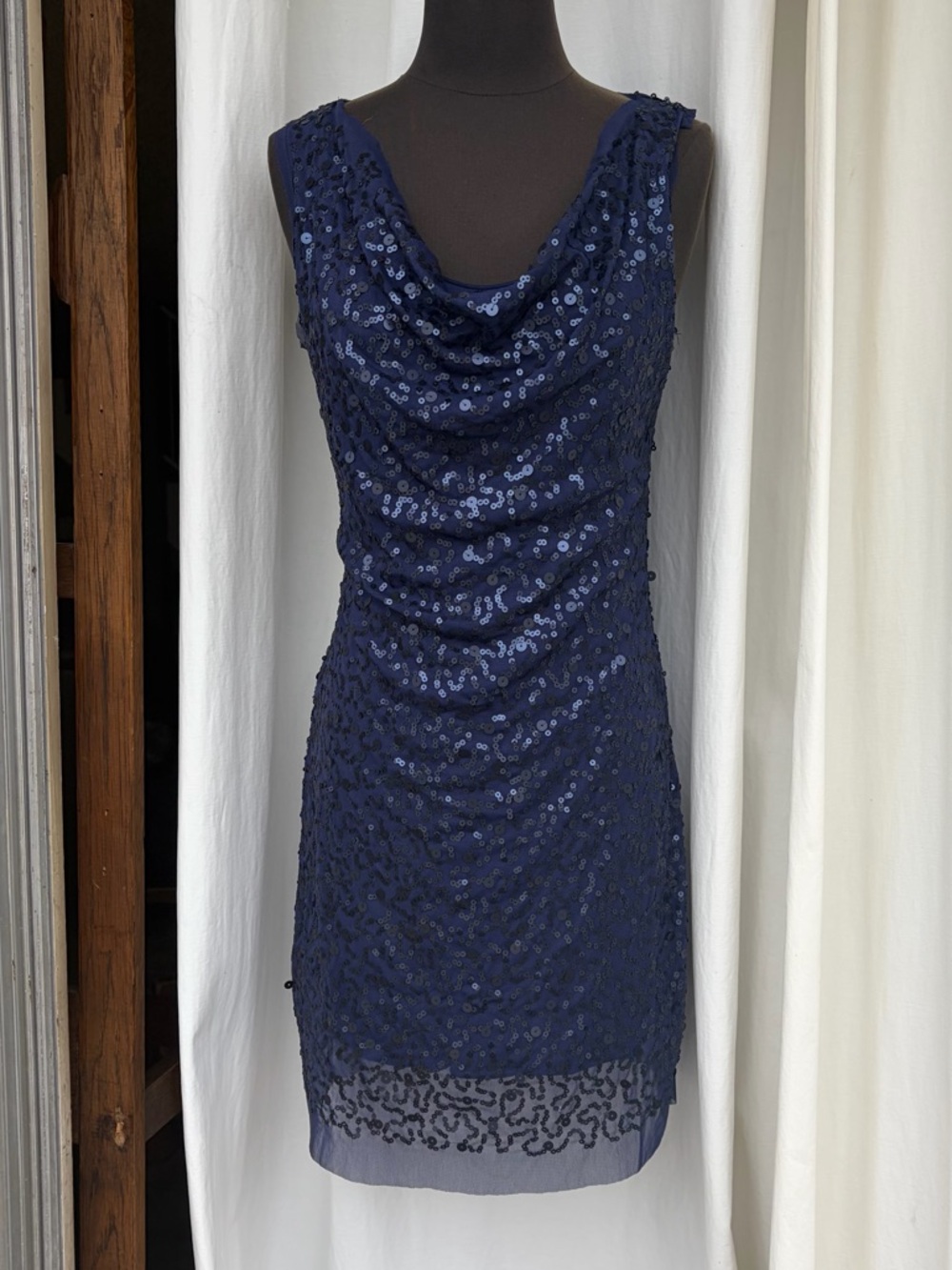 Vintage Y2K Max Studio Navy Sequin Cowl Neck Mini Dress, Cocktail Party